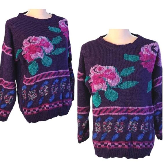 VTG 80s Carducci Purple Pink Floral Acrylic Knit Crewneck...